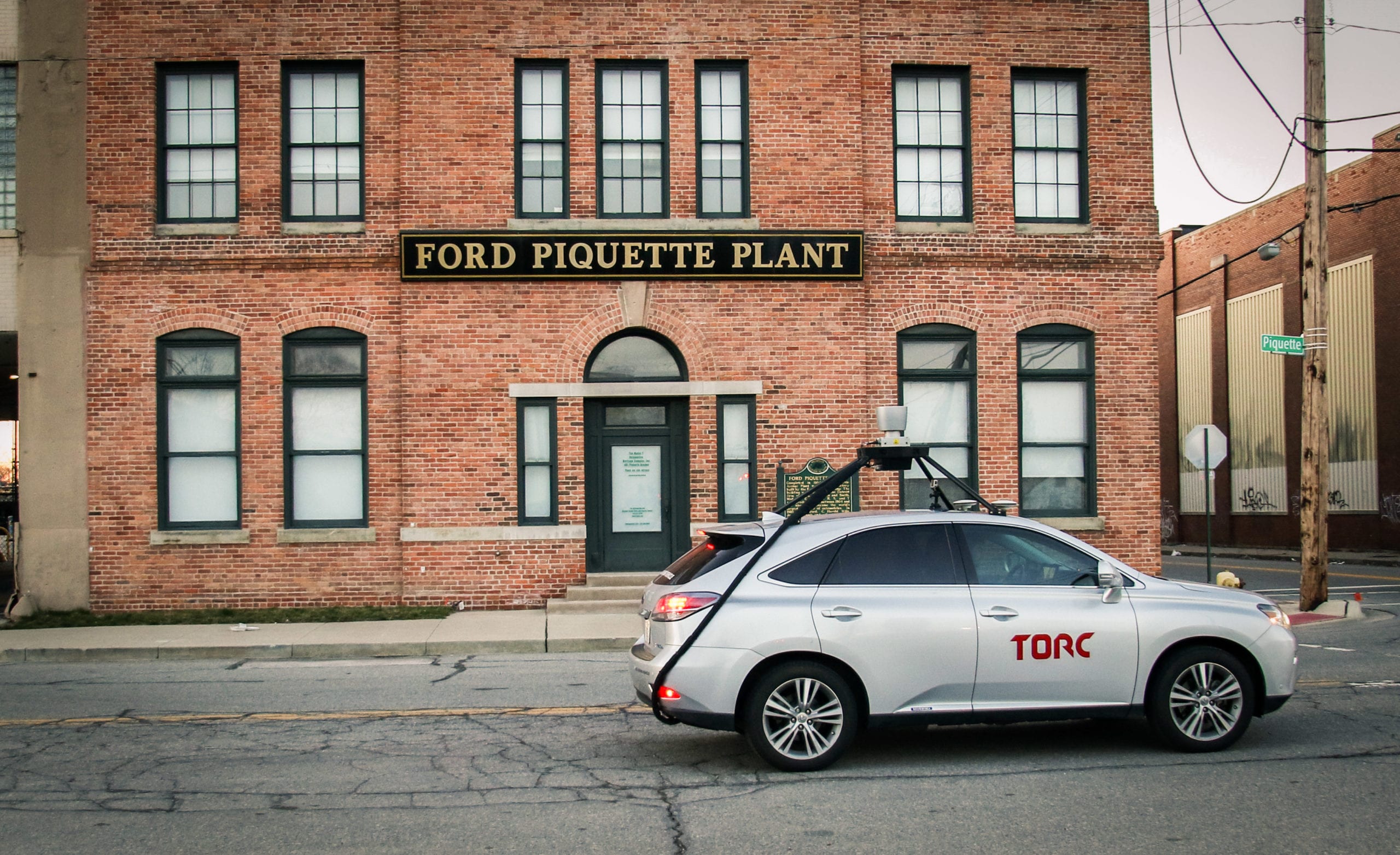 Torc’s self-driving vehicle in front of the Ford Piquette Avenue Plant on April 1, 2017.