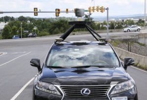Torc vehicle demonstrating the autonomous sensors on the car. 