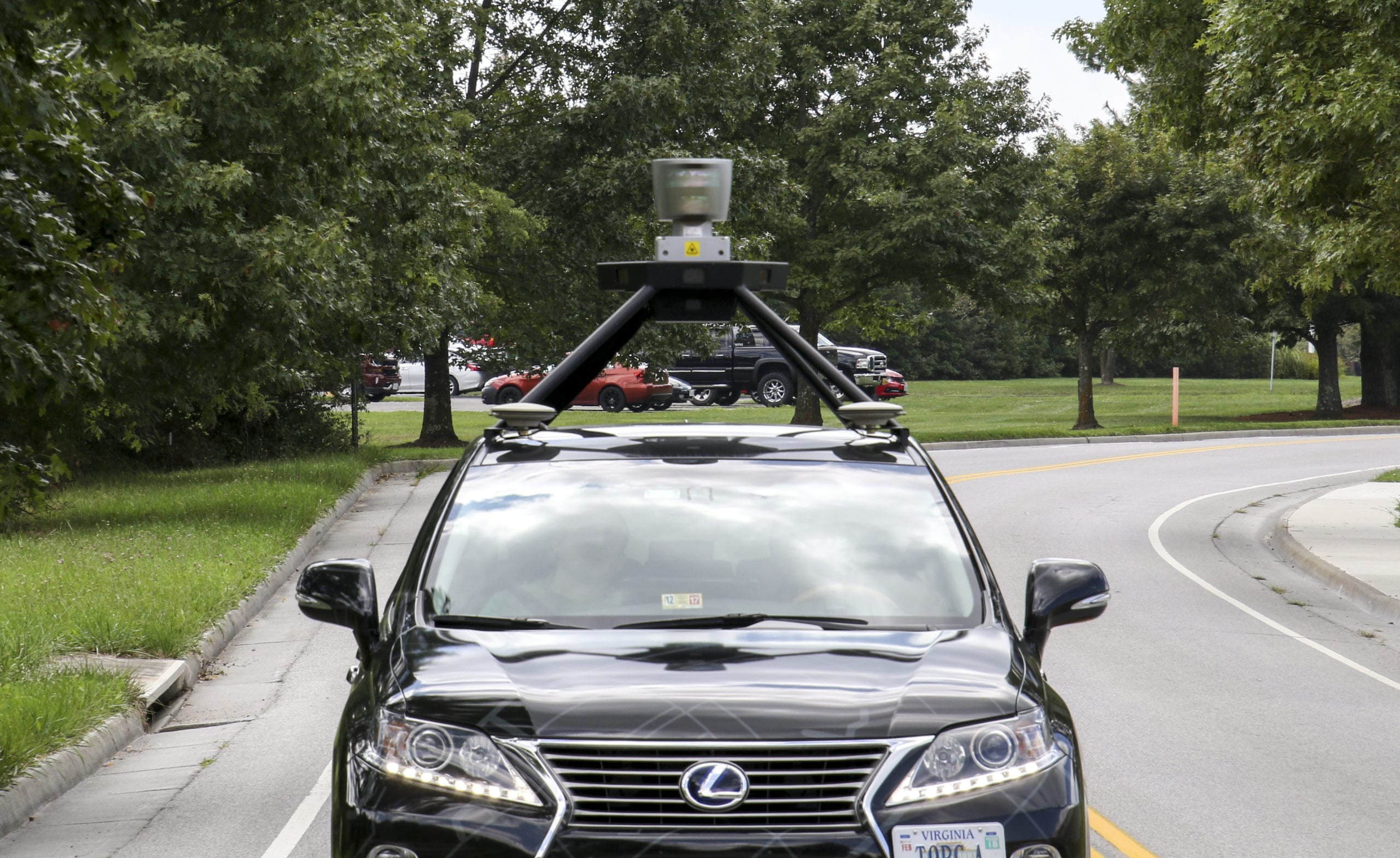 Torc vehicle demonstrating the autonomous sensors on the car.