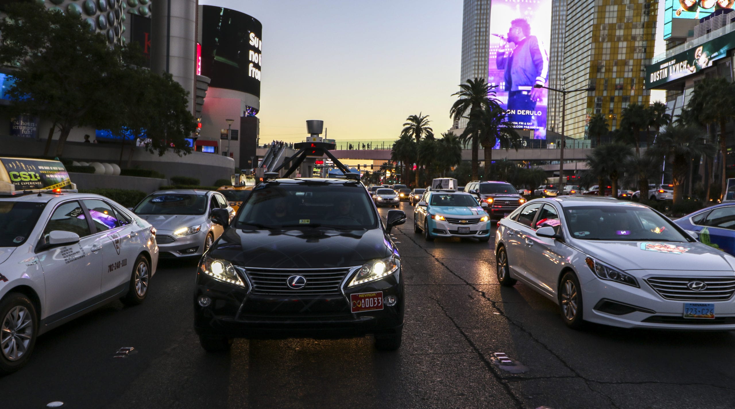 Asimov vehicle in evening traffic in Las Vegas