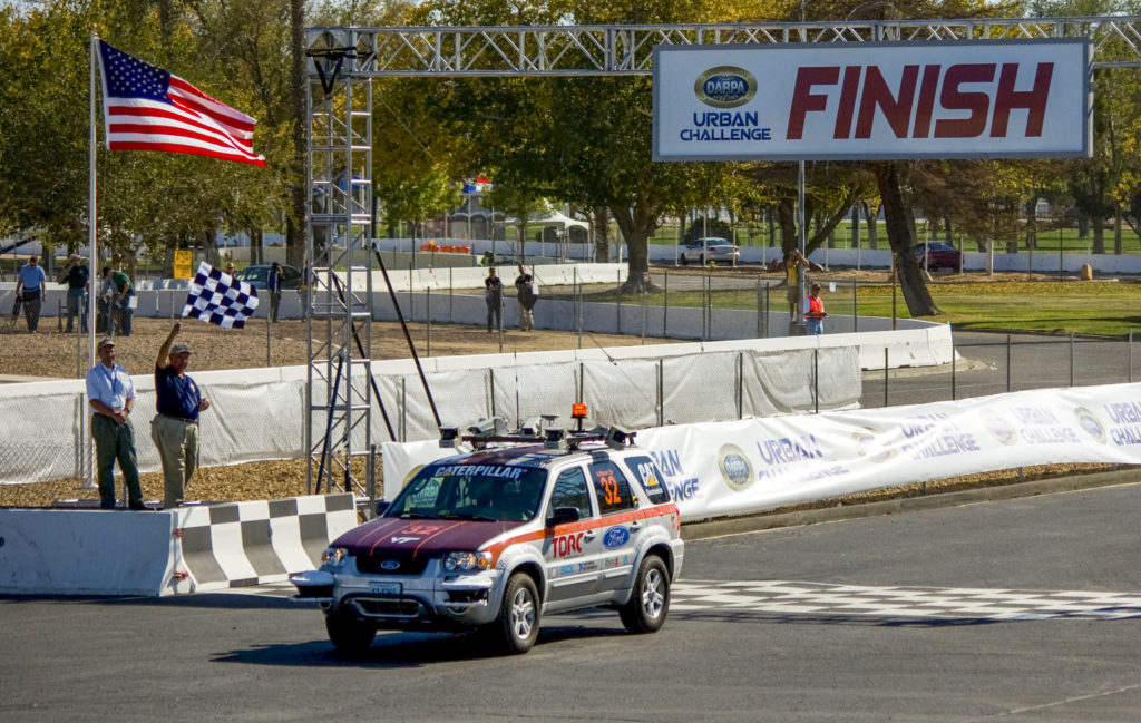 Team VictorTango's vehicle crosses the finish line to capture third place at the DARPA Urban Challenge