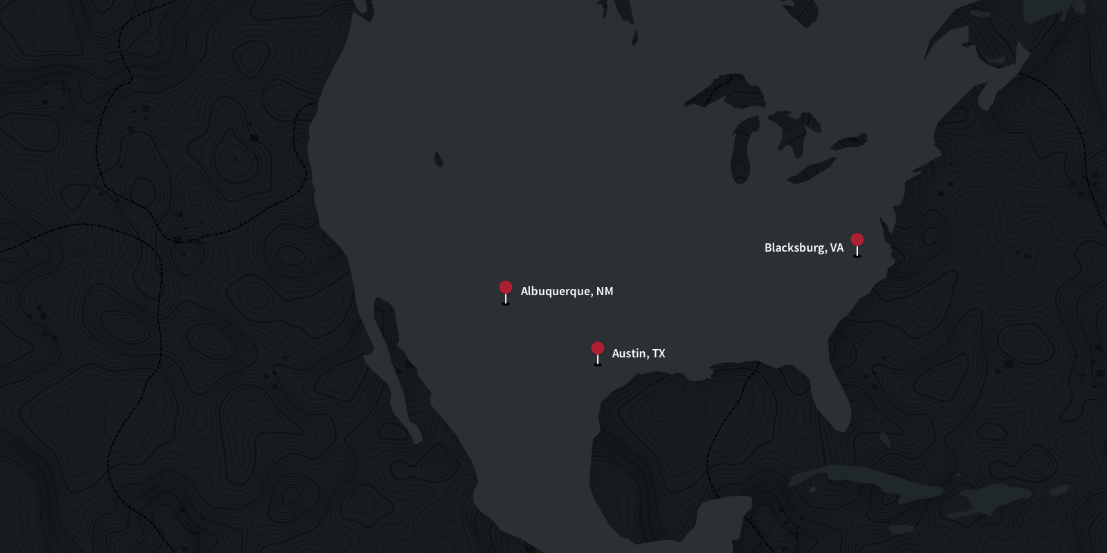 Torc Location pins for Blacksburg, Albuquerque, and Austin