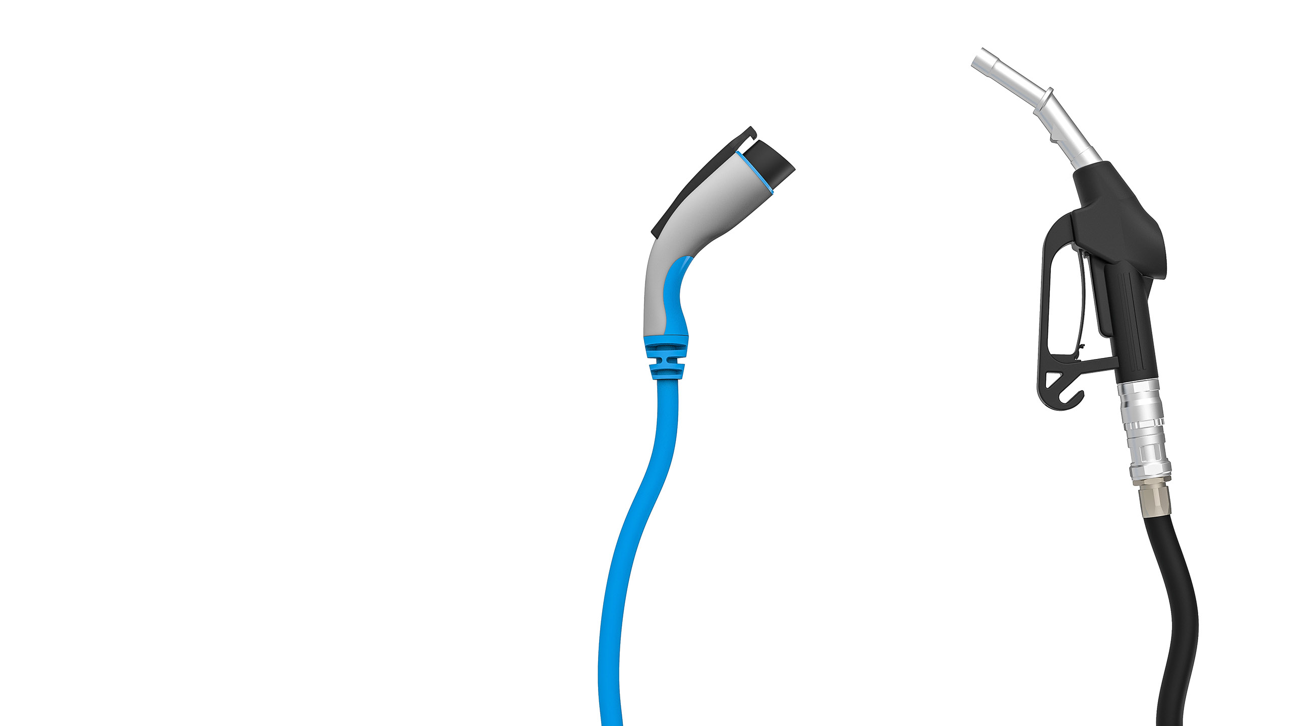 electric recharging cable for vehicles and a gas pump nozzle on a white background
