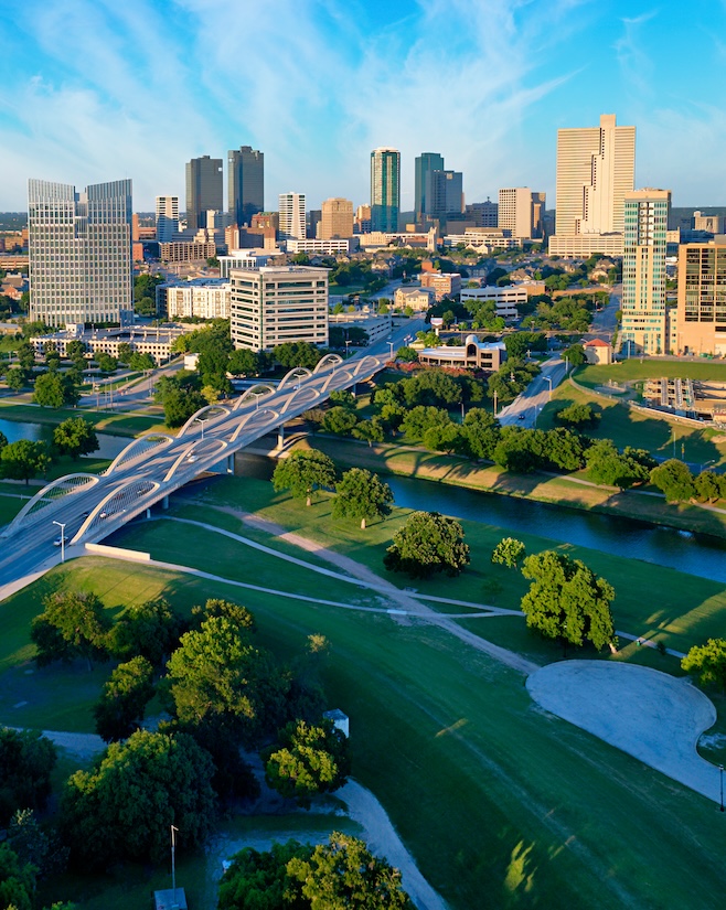 Aerial of Downtown Fort Worth Blue Sky