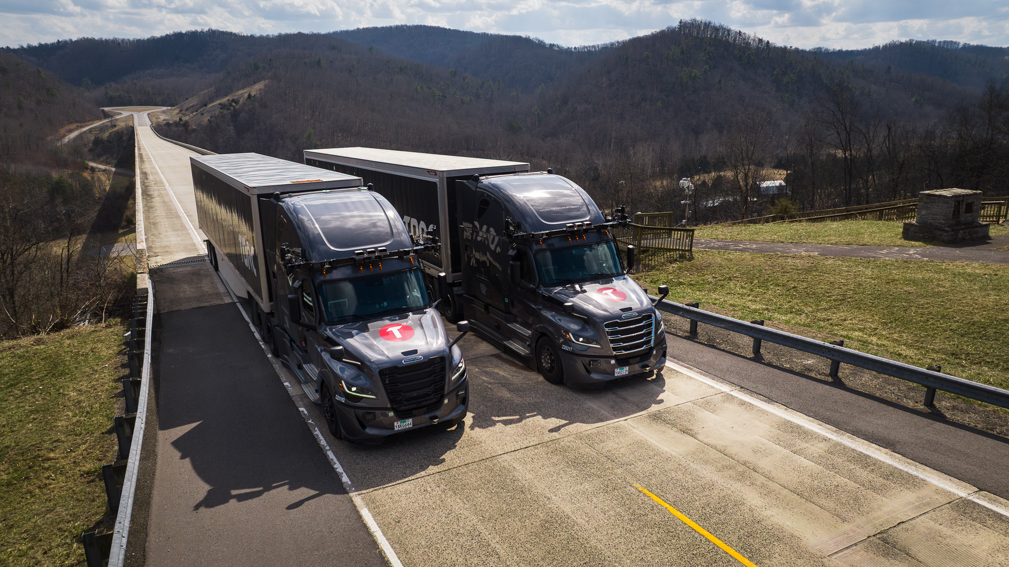 Two Torc trucks on the Smart Road in Blacksburg Virginia